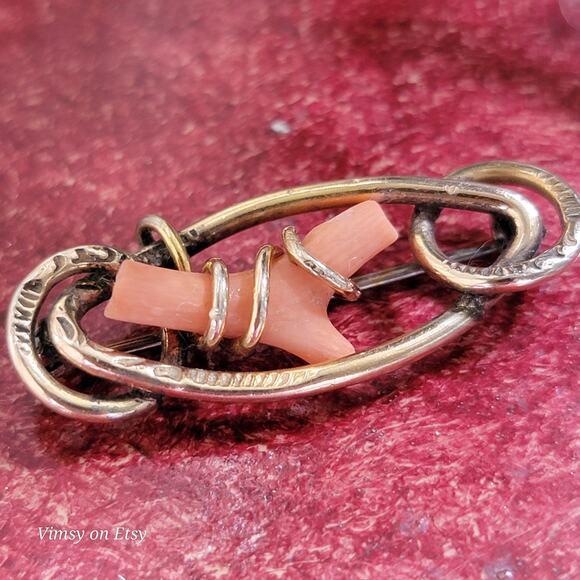 Victorian 14K Gold Love Knot Brooch with Pink Coral -Heirloom - Picture 5 of 10
